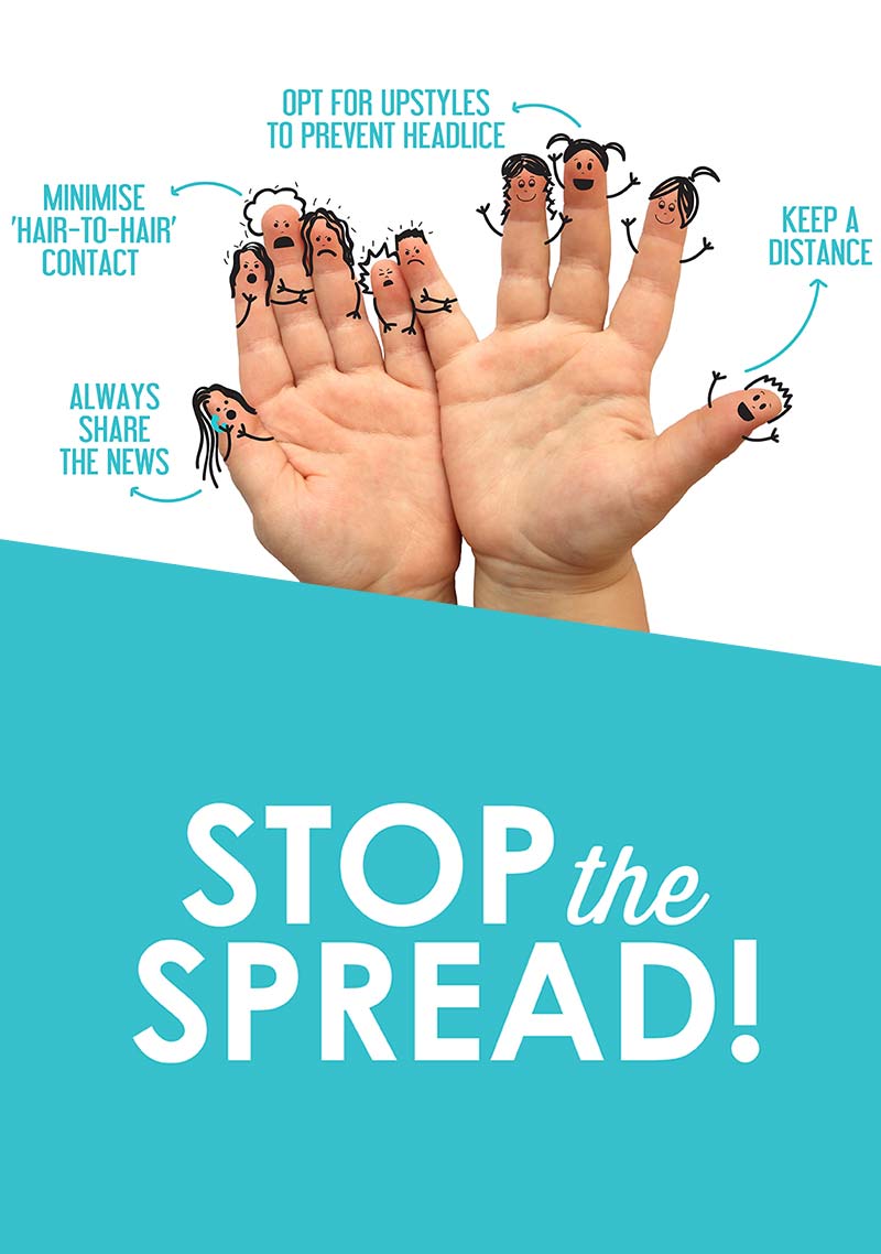 Stop The Spread! | Child's palms of hands with cartoon faces on fingers & tips to avoid head lice