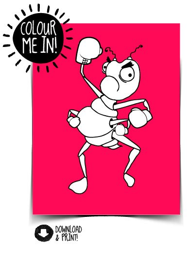 Cartoon tough white louse with boxing gloves on red background with Colour Me In! in corner